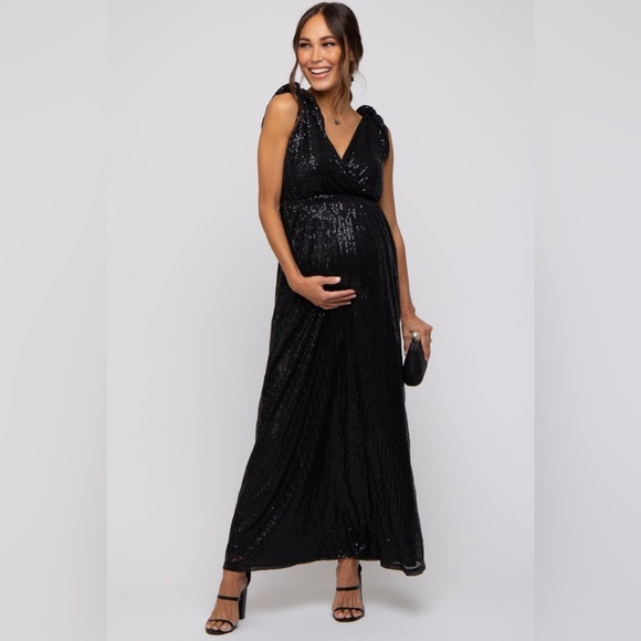 Sequin deep V shoulder tie maxi dress nwt - Picture 3 of 6